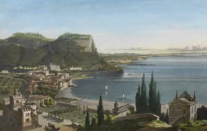 Gaetano Gariboldi (Milano 1815 – 1857) disegnatore Giuseppe Giudici (1794 -?) incisore Veduta del lago di Garda dal parco di villa degli Albertini a Garda 1850 circa Incisione all’acquatinta con coloritura d’epoca ad acquerello e gouache su carta 245 x 890 mm Courtesy Libreria antiquaria Perini, Verona
