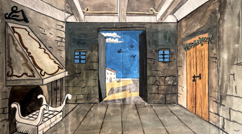 Giorgio de Chirico, Bozzetto per la Figlia di Jorio, bozzetto di scena (Atto III) 1934 - acquarello e matita su carta, 325x504 cm